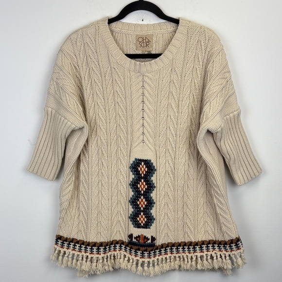 Chaser Sweaters - Chaser Cream Cable Knit Sweater Fringe Hem Boho Southwestern Size large